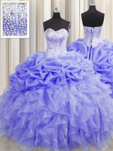 Luxury Visible Boning Sweetheart Sleeveless Organza Vestidos de Quinceanera Beading and Ruffles and Pick Ups Lace Up