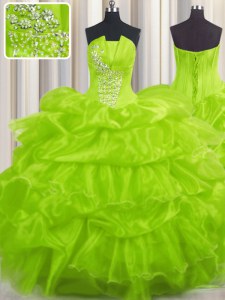 Pick Ups Ball Gowns Sweet 16 Dress Strapless Organza Sleeveless Floor Length Lace Up
