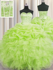 Superior Visible Boning Yellow Green Sleeveless Beading and Ruffles and Pick Ups Floor Length Sweet 16 Dress