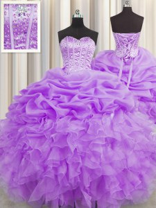 Visible Boning Organza Sweetheart Sleeveless Lace Up Beading and Ruffles and Pick Ups Sweet 16 Dress in Lilac