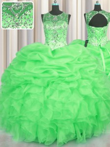 Nice See Through Organza Lace Up Scoop Sleeveless Floor Length Vestidos de Quinceanera Beading and Ruffles and Pick Ups