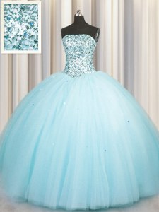 Really Puffy Aqua Blue Tulle Lace Up Strapless Sleeveless Floor Length Sweet 16 Dress Beading and Sequins