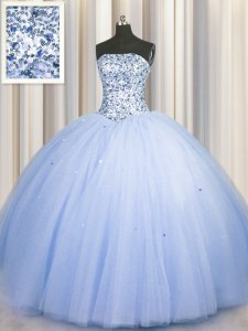Pretty Big Puffy Blue Strapless Neckline Beading and Sequins 15th Birthday Dress Sleeveless Lace Up
