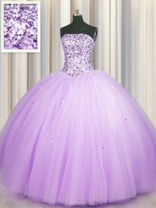 Really Puffy Lavender Strapless Lace Up Beading and Sequins Vestidos de Quinceanera Sleeveless