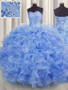 Sweetheart Sleeveless 15 Quinceanera Dress Floor Length Beading and Ruffles Blue Organza