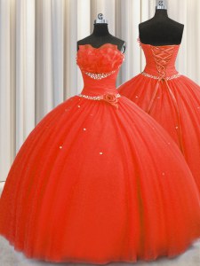 Handcrafted Flower Floor Length Coral Red Quinceanera Dress Tulle Sleeveless Beading and Sequins and Hand Made Flower