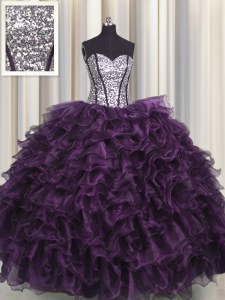 Classical Sequins Visible Boning Dark Purple Sleeveless Organza and Sequined Lace Up Sweet 16 Quinceanera Dress for Military Ball and Sweet 16 and Quinceanera