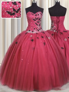 Simple Coral Red Ball Gowns Tulle Sweetheart Sleeveless Beading and Appliques Floor Length Lace Up Vestidos de Quinceanera