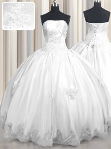 Customized Floor Length White Quince Ball Gowns Taffeta Sleeveless Beading and Appliques