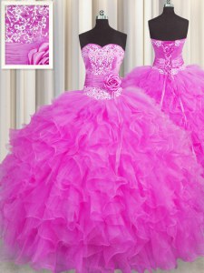 Handcrafted Flower Fuchsia Ball Gowns Beading and Ruffles and Hand Made Flower Vestidos de Quinceanera Lace Up Organza Sleeveless Floor Length