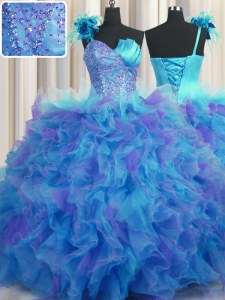 Handcrafted Flower One Shoulder Sleeveless Tulle Quinceanera Gown Beading and Ruffles and Hand Made Flower Lace Up