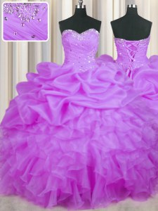 Admirable Floor Length Purple 15th Birthday Dress Organza Sleeveless Beading and Ruffles and Pick Ups