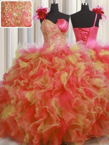 One Shoulder Handcrafted Flower Multi-color Tulle Lace Up Quinceanera Gown Sleeveless Floor Length Beading and Ruffles and Hand Made Flower
