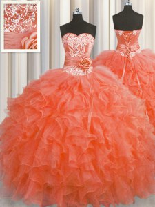 Handcrafted Flower Red Ball Gowns Beading and Ruffles and Hand Made Flower 15th Birthday Dress Lace Up Organza Sleeveless Floor Length