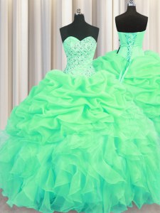 Floor Length Green 15th Birthday Dress Organza Sleeveless Beading and Ruffles and Pick Ups
