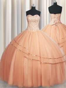 Visible Boning Really Puffy Floor Length Lace Up Quinceanera Dress Peach for Military Ball and Sweet 16 and Quinceanera with Beading and Ruching