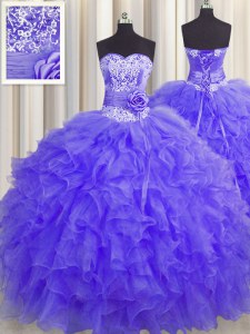 Exquisite Handcrafted Flower Ball Gowns Ball Gown Prom Dress Lavender Sweetheart Organza Sleeveless Floor Length Lace Up