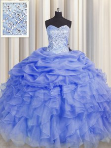 Purple Ball Gowns Sweetheart Sleeveless Organza Floor Length Lace Up Beading and Ruffles Quinceanera Gown