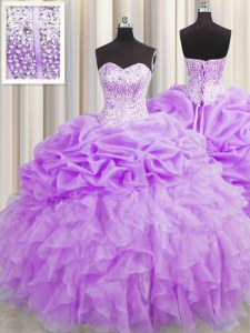 Stylish Visible Boning Purple Sleeveless Beading and Ruffles and Pick Ups Floor Length Vestidos de Quinceanera