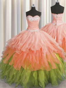 Adorable Sequins Ruffled Sweetheart Sleeveless Lace Up Quinceanera Gown Multi-color Organza