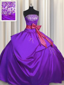 Purple Sleeveless Beading and Bowknot Floor Length Ball Gown Prom Dress
