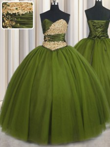 Olive Green 15th Birthday Dress Military Ball and Sweet 16 and Quinceanera and For with Beading and Ruching and Belt Sweetheart Sleeveless Lace Up