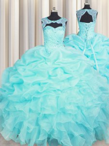 Scoop Organza Sleeveless Floor Length Quinceanera Dresses and Beading and Pick Ups