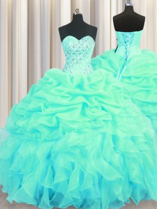 Shining Turquoise Organza Lace Up Sweetheart Sleeveless Floor Length Sweet 16 Dress Beading and Ruffles and Pick Ups