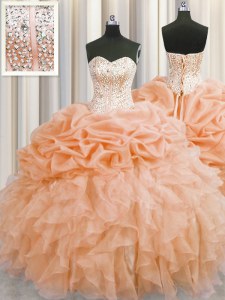 Visible Boning Orange Ball Gowns Sweetheart Sleeveless Organza Floor Length Lace Up Beading and Ruffles Sweet 16 Quinceanera Dress