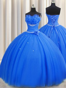 Exquisite Handcrafted Flower Blue Lace Up Quinceanera Gowns Beading and Sequins and Hand Made Flower Sleeveless Floor Length