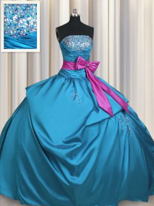 Teal Taffeta Lace Up Strapless Sleeveless Floor Length Ball Gown Prom Dress Beading and Ruching and Bowknot