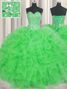 Fitting Visible Boning Green Organza Lace Up 15 Quinceanera Dress Sleeveless Floor Length Beading and Ruffles