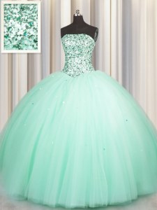 Comfortable Puffy Skirt Apple Green Sleeveless Floor Length Beading and Sequins Lace Up 15 Quinceanera Dress