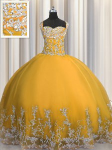 Fabulous Floor Length Lace Up Quinceanera Dress Gold for Military Ball and Sweet 16 and Quinceanera with Beading and Appliques