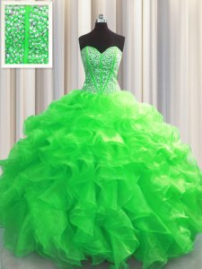 Visible Boning Green Organza Lace Up Sweetheart Sleeveless Floor Length Quinceanera Dresses Beading and Ruffles