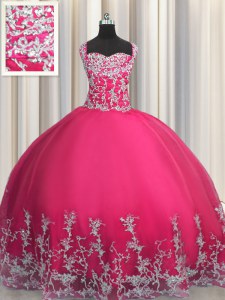 Cheap Beading and Appliques Ball Gown Prom Dress Hot Pink Lace Up Sleeveless Floor Length