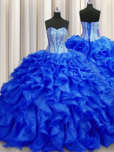 Visible Boning Sleeveless Organza Brush Train Lace Up Quinceanera Gowns in Royal Blue with Beading and Ruffles