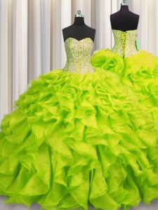 Fantastic Visible Boning Yellow Green Organza Lace Up 15th Birthday Dress Sleeveless Floor Length Beading and Ruffles
