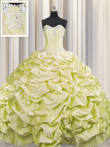 Brush Train Sleeveless Taffeta Sweep Train Lace Up Sweet 16 Quinceanera Dress in Light Yellow with Beading and Pick Ups