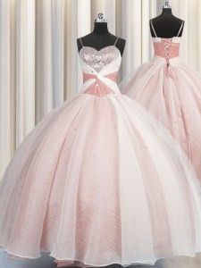 Spaghetti Straps Pink Sleeveless Beading Floor Length Quinceanera Gown