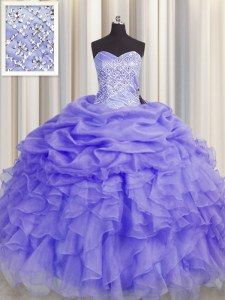 Designer Lavender Organza Lace Up Sweetheart Sleeveless Floor Length Quinceanera Dresses Beading and Ruffles