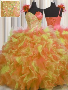 Pretty Handcrafted Flower Multi-color Quinceanera Dress Military Ball and Sweet 16 and Quinceanera and For with Beading and Ruffles and Hand Made Flower One Shoulder Sleeveless Lace Up