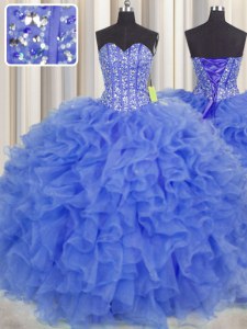 Visible Boning Sweetheart Sleeveless 15 Quinceanera Dress Floor Length Beading and Ruffles and Sashes ribbons Blue Organza