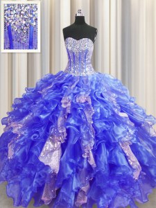 Noble Visible Boning Organza and Sequined Sweetheart Sleeveless Lace Up Beading and Ruffles and Sequins Sweet 16 Dress in Royal Blue