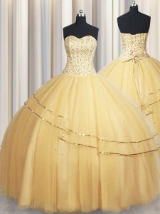 Spectacular Visible Boning Big Puffy Sleeveless Floor Length Beading and Ruching Lace Up 15th Birthday Dress with Champagne