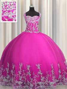 Sweet Fuchsia Sweet 16 Dresses Military Ball and Sweet 16 and Quinceanera and For with Beading and Appliques Straps Sleeveless Lace Up