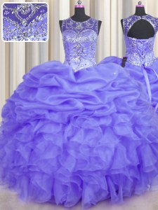 See Through Lavender Scoop Lace Up Beading and Ruffles and Pick Ups Quince Ball Gowns Sleeveless