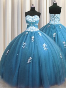 Exquisite Teal Column/Sheath Tulle Sweetheart Sleeveless Beading and Appliques Floor Length Lace Up Sweet 16 Quinceanera Dress