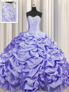 High Class Brush Train Sleeveless Beading and Pick Ups Lace Up Quince Ball Gowns with Lavender Sweep Train