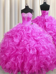 Trendy Fuchsia Sleeveless Beading and Ruffles Lace Up Quinceanera Gowns